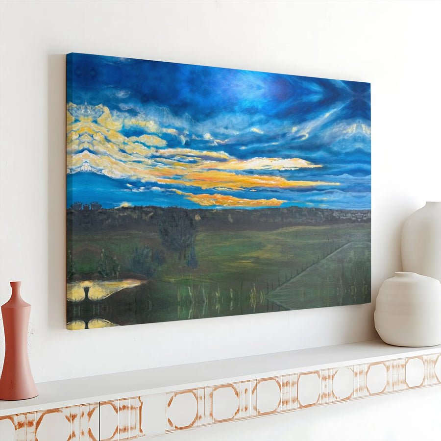 Impressionist Landscape Canvas Art | Vibrant Sunset Over Green Fields | Premium Gallery Wrapped Canvas | Modern Farmhouse Living Room Decor Gift