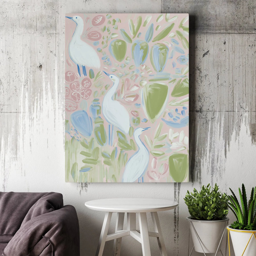 Abstract Heron Vertical Canvas | Pastel Botanical Bird Painting | Premium Gallery Wrapped Canvas Art | Contemporary Living Room Decor