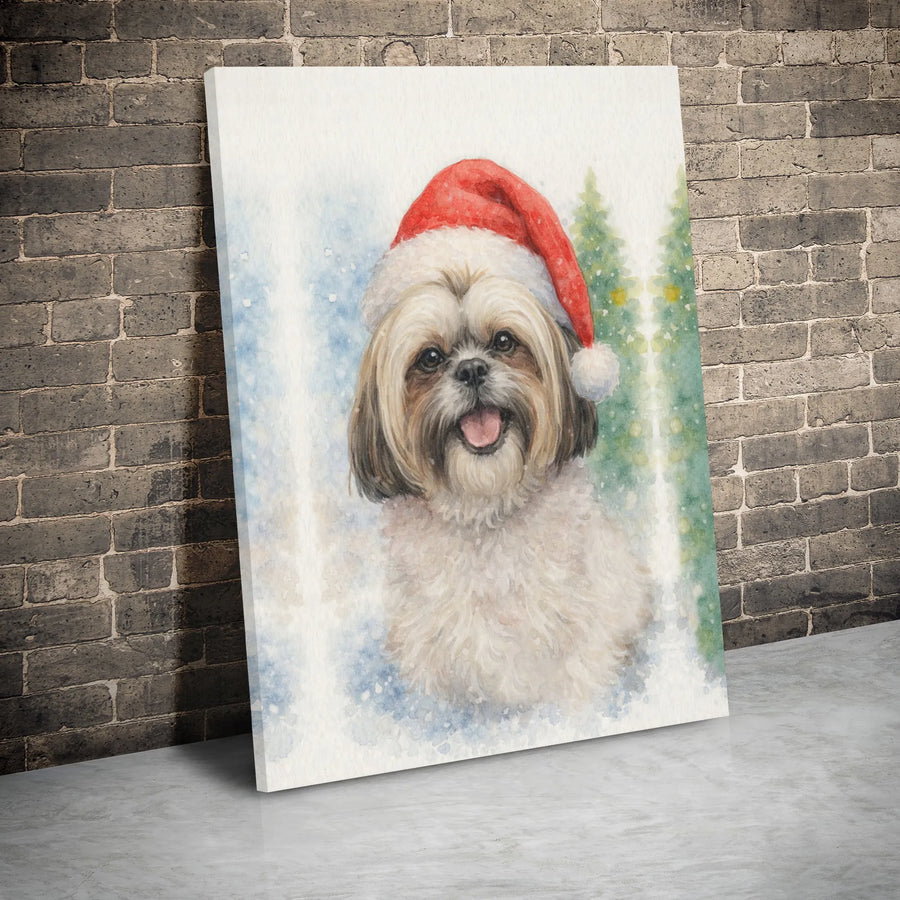 Shih Tzu Christmas Wall Art | Watercolor Dog in Santa Hat | Gallery Wrapped Premium Canvas | Festive Holiday Home Decor Gift for Dog Lovers