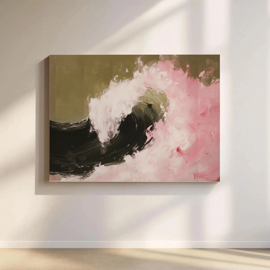 Abstract Wave Canvas Wall Art | Modern Pink and Olive Green Oil Painting Style | 1.25-Inch Gallery Wrap | Elegant Home Decor for Living Room