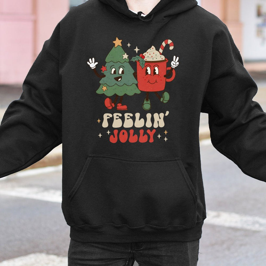 Retro Christmas Hoodie | Feelin' Jolly Tree and Cocoa Graphic | Soft Cotton-Blend Premium Quality | Festive Holiday Gift for Her