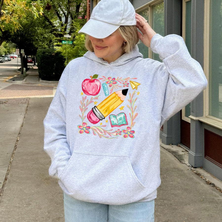 Floral Teacher Pencil Hoodie | Aesthetic School Supplies Print | Soft Cotton-Poly Blend | Back To School Gift For Educators