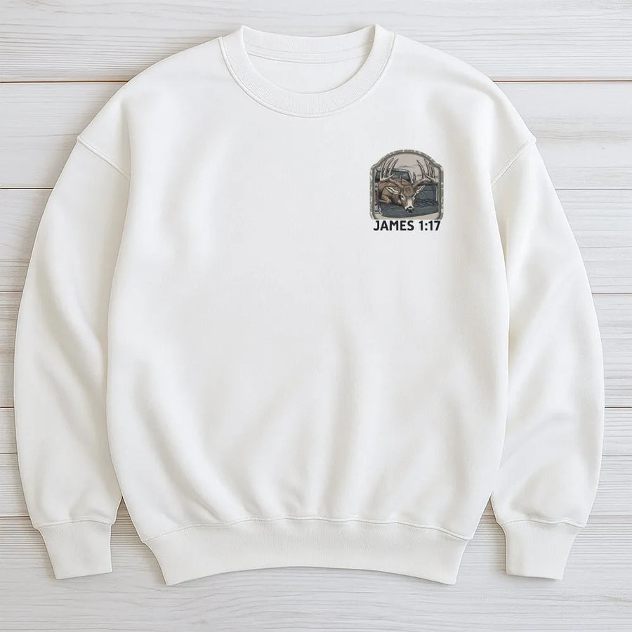 Christian Deer Hunting Sweatshirt | James 1:17 Bible Verse Graphic | Soft Cotton Blend Sweatshirt | Faith Based Gift for Hunter