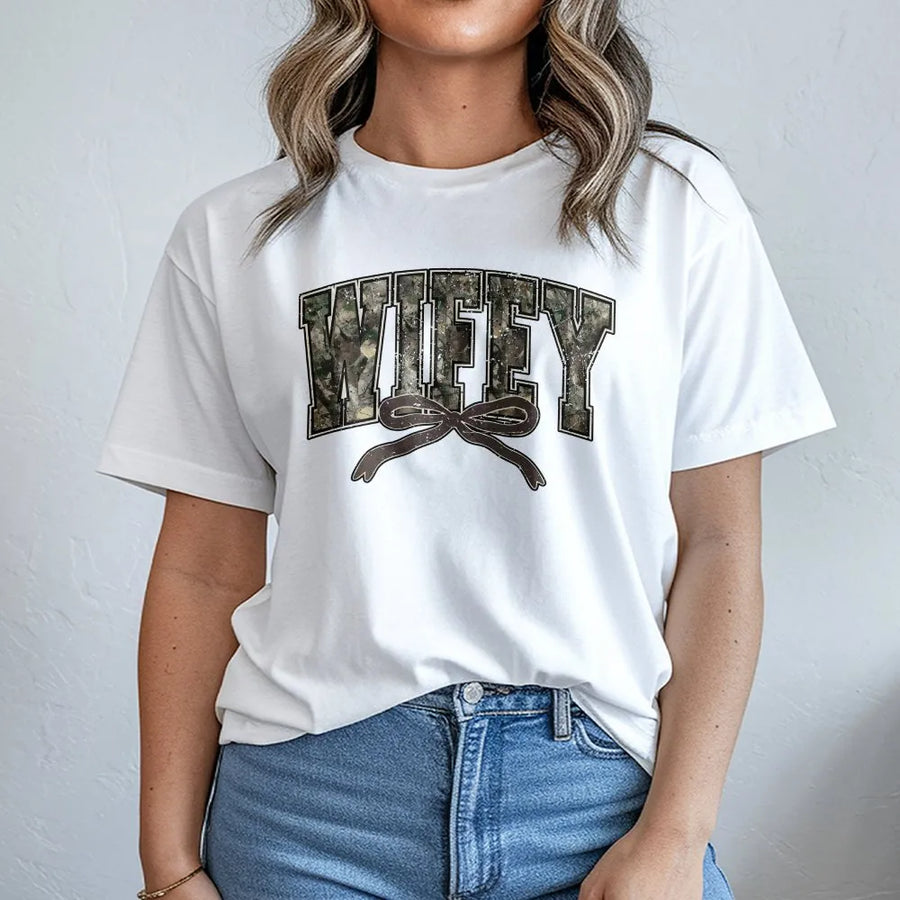 Wifey Camo T-Shirt | Rustic Bow Print Graphic Tee | Premium 100% Cotton | Cute Country Wedding Gift for Her