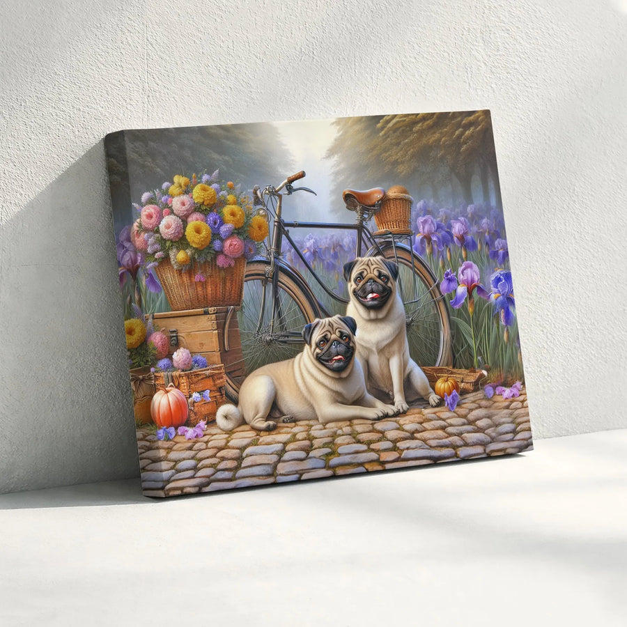 Pug Dog Canvas Wall Art | Whimsical Garden Bicycle Scene | Premium Gallery-Wrapped Print | Gift for Dog Lovers & Pet Owners