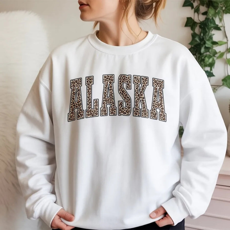 Alaska Sweatshirt | Leopard Print Collegiate Pullover | Soft Unisex Crewneck | State Pride Souvenir Gift for Student