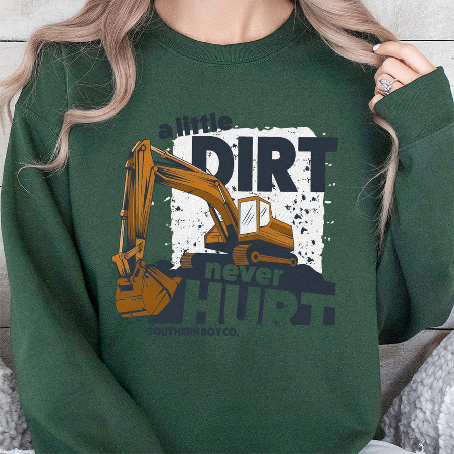 Excavator Sweatshirt | A Little Dirt Never Hurt Graphic | Unisex Cotton Blend Pullover | Construction Equipment Gift For Kids And Adults