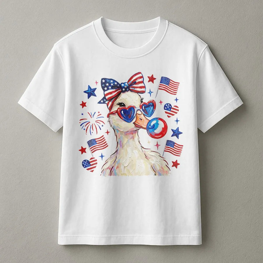 Patriotic Duck T-Shirt | Cute Coquette Americana Graphic | Soft Cotton Blend | 4th of July Party Gift for Her