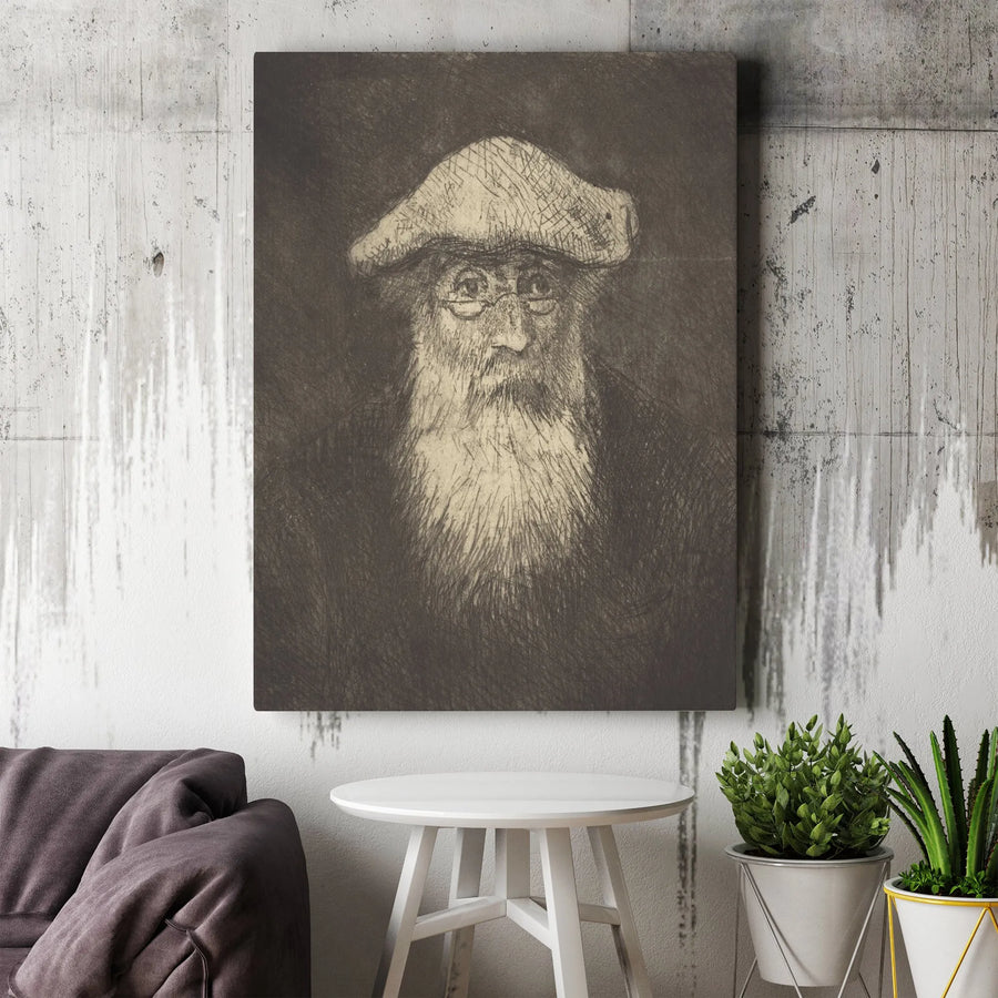 Vintage Portrait Canvas Print | Elderly Man Etching Art | Premium Gallery Wrapped Wall Decor | Sophisticated Home Office Gift