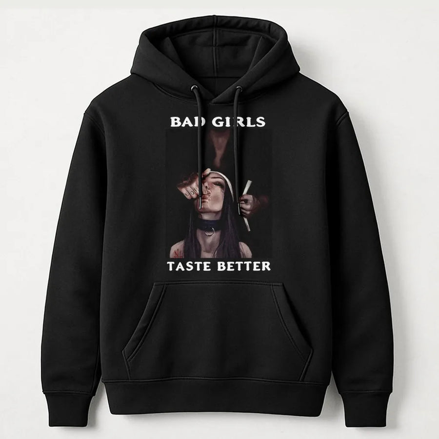 Bad Girls Taste Better Hoodie | Edgy Nun Aesthetic Graphic Print | Premium Cotton Blend | Alternative Streetwear Gift for Women and Men