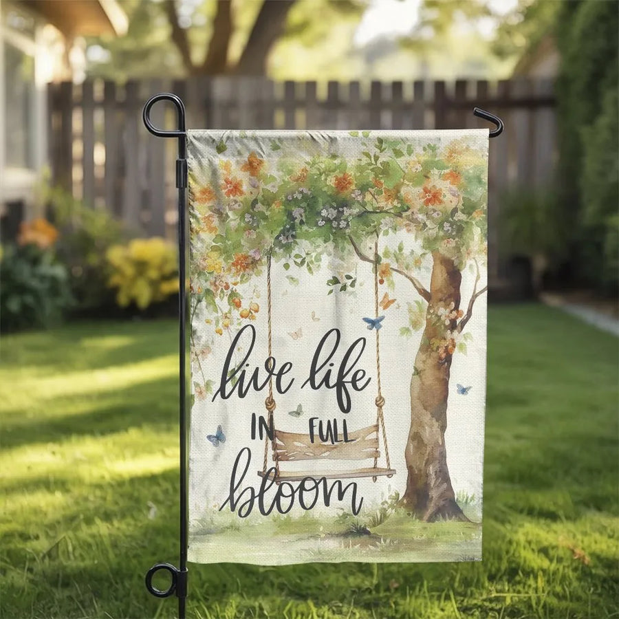 Live Life in Full Bloom Garden Flag | Watercolor Floral Tree with Swing | Premium Double Sided Polyester | Spring Patio & Housewarming Gift