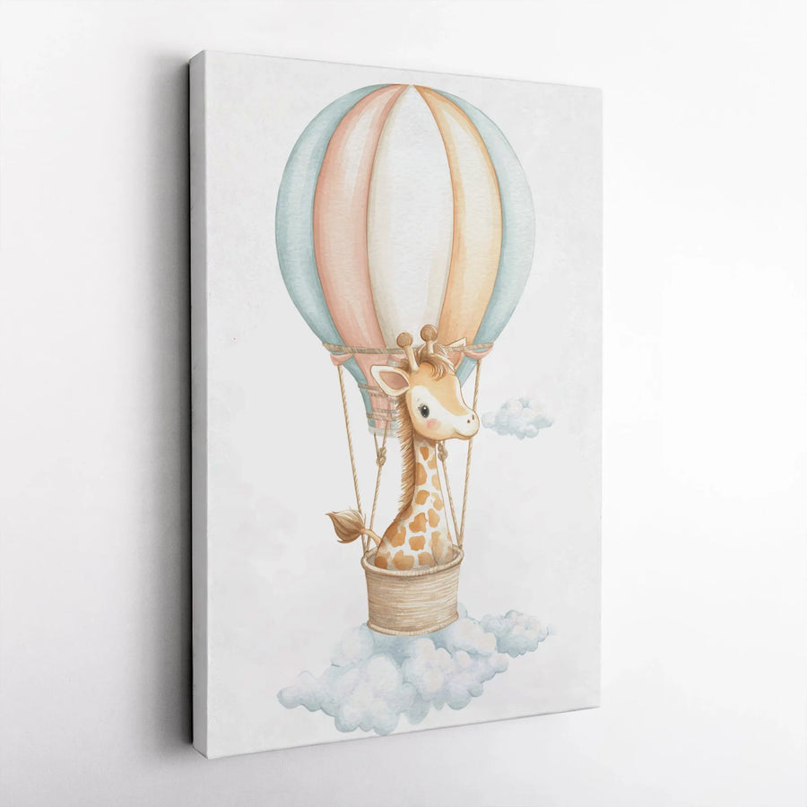Giraffe Hot Air Balloon Canvas Print | Cute Watercolor Nursery Art | Premium Quality Wall Decor | Safari Animal Kids Room Gift