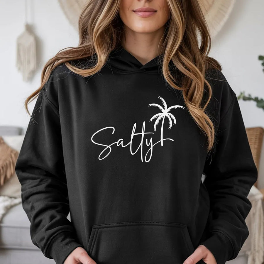 Salty Palm Tree Hoodie | Minimalist Beach Graphic Sweatshirt | Soft Cotton Blend | Summer Vacation Gift for Women