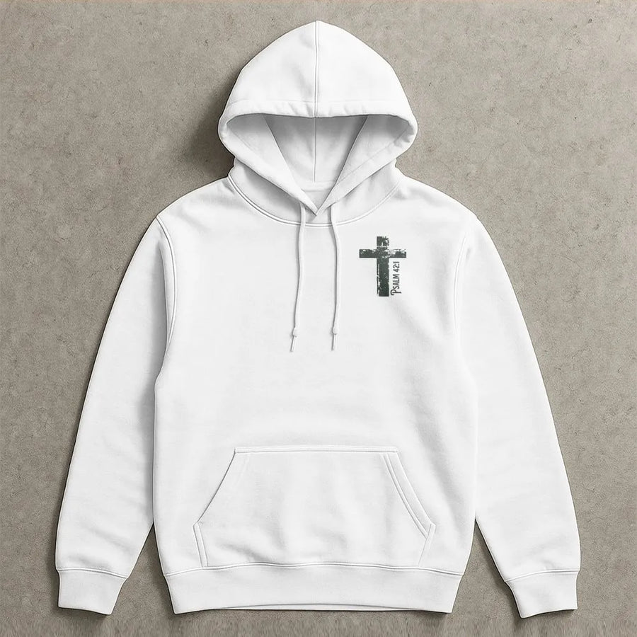 Christian Hunter Hoodie | Distressed Cross with Psalm 42:1 | Premium Cotton Blend | Religious Gift for Men, Dad, Outdoorsman
