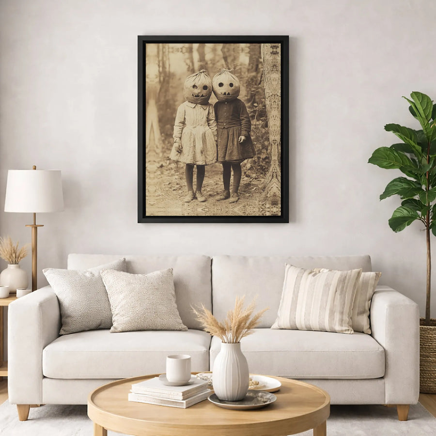 Vintage Halloween Wall Art | Creepy Pumpkin Mask Children Photography | Premium Gallery-Wrapped Canvas | Gothic Home Decor Gift