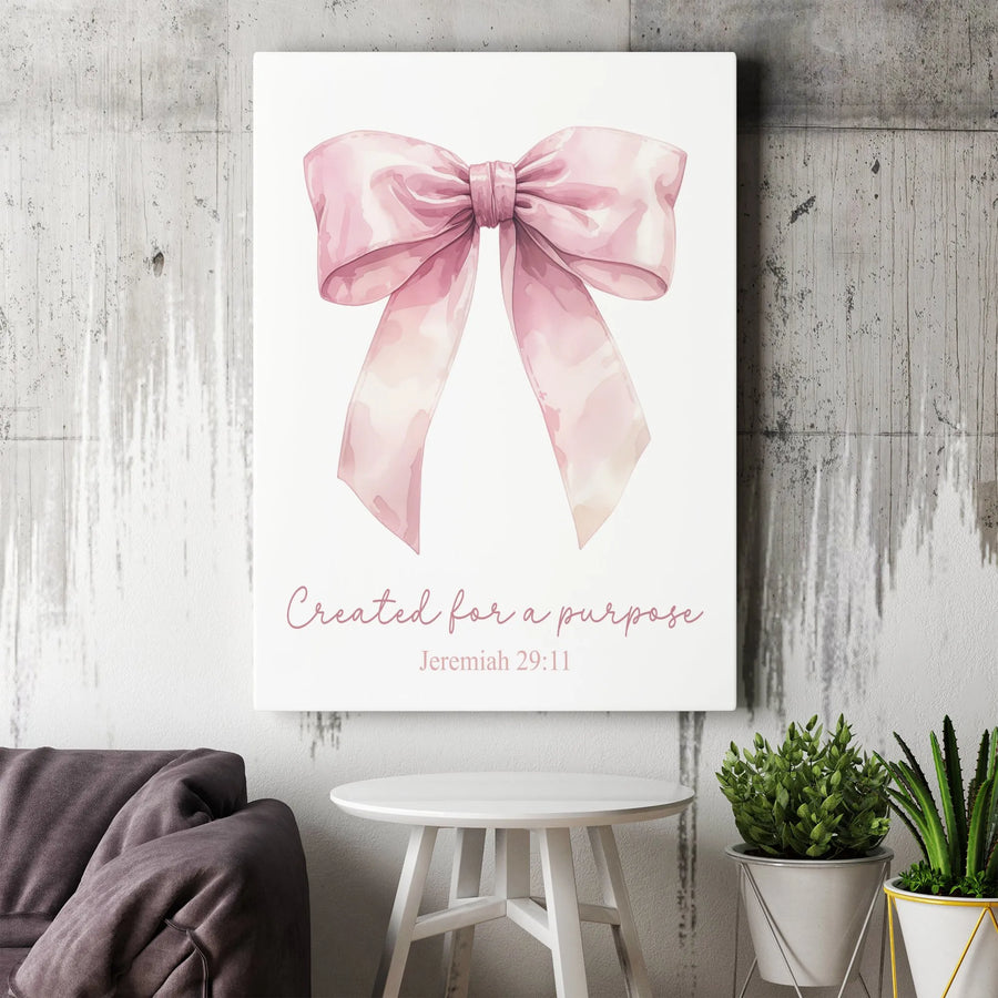 Created For A Purpose Wall Art | Jeremiah 29:11 Watercolor Pink Bow | 1.25-inch Premium Gallery Canvas | Christian Home Decor Gift for Women