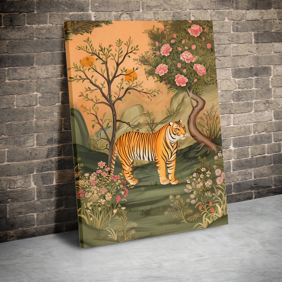 Tiger Canvas Wall Art | Traditional Indian Floral Jungle Print | 1.25 Inch Gallery Wrap | Botanical Animal Home Decor Gift