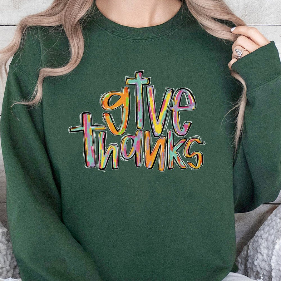 Give Thanks Cross Sweatshirt | Colorful Brushstroke Christian Apparel | Premium Cotton Blend | Faith Based Fall Gift for Women & Men