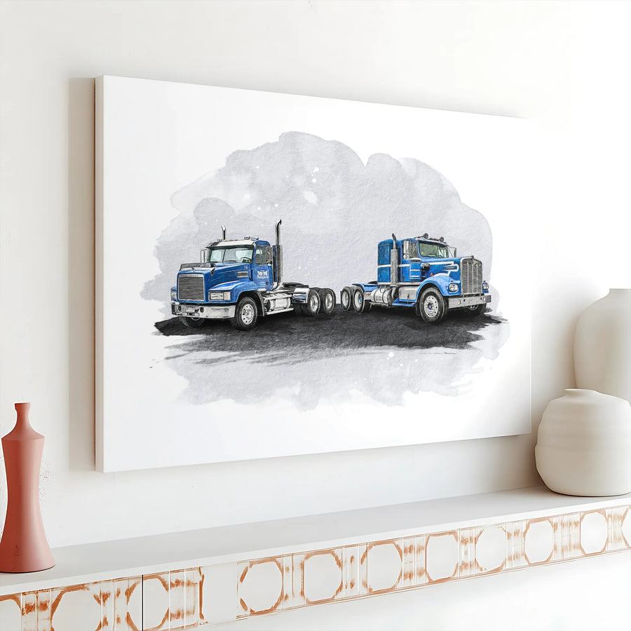 Semi Truck Wall Art | Watercolor Blue Truck Illustration | Premium Gallery Wrapped Canvas | Gift for Truck Driver or Big Rig Enthusiast