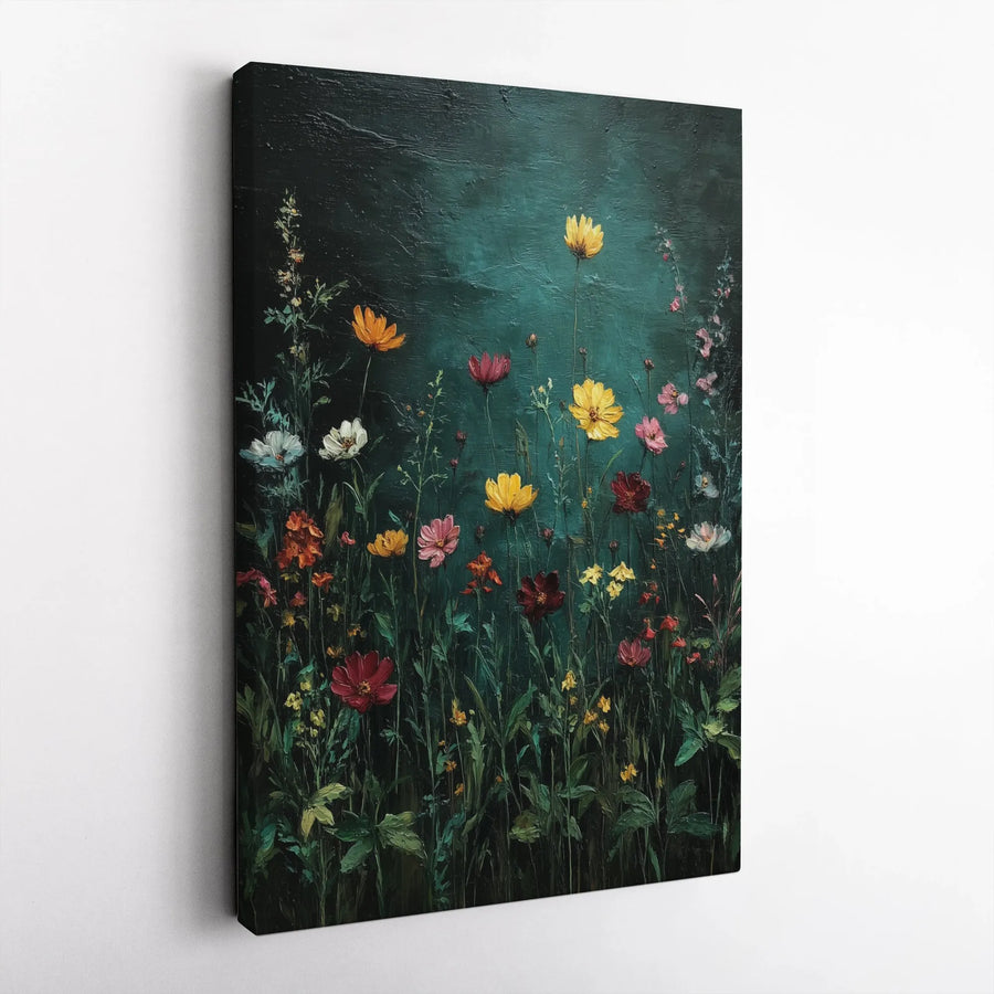 Wildflower Field Canvas Wall Art | Moody Dark Botanical Oil Painting Print | Premium Gallery-Wrapped Decor | Nature-Inspired Home Gift