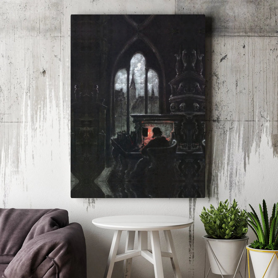 Gothic Scholar Canvas Art | Dark Academia Firelight Cathedral Scene | Premium Gallery-Wrapped Print | Moody Home Decor Gift