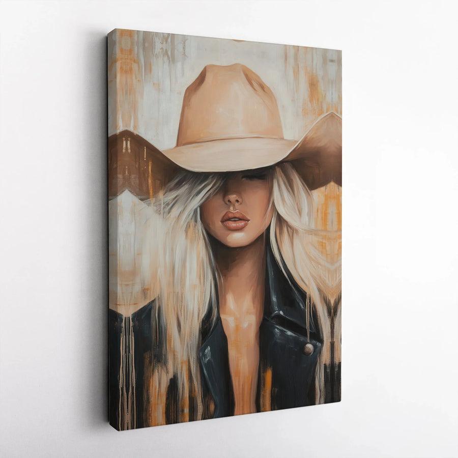 Cowgirl Canvas Wall Art | Blonde Woman in Cowboy Hat Abstract Print | Premium 1.25-Inch Thick Gallery Wrap | Western Home Decor for Modern Living