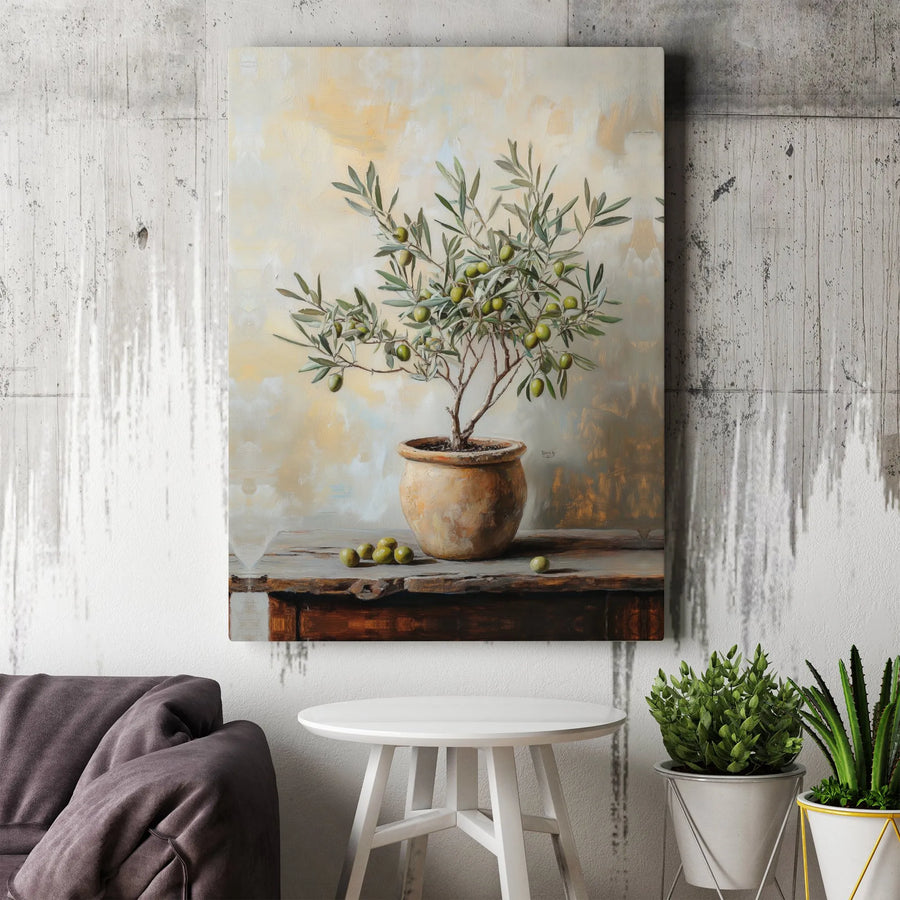 Olive Tree Canvas Wall Art | Mediterranean Still Life Painting | Premium Gallery Wrapped Canvas | Farmhouse Kitchen Decor Gift