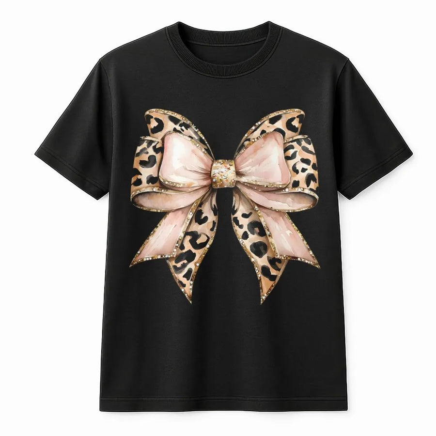 Leopard Print Bow T-Shirt | Aesthetic Watercolor Ribbon Graphic | Premium Soft Cotton Tee | Cute Trendy Gift For Her Women Teens