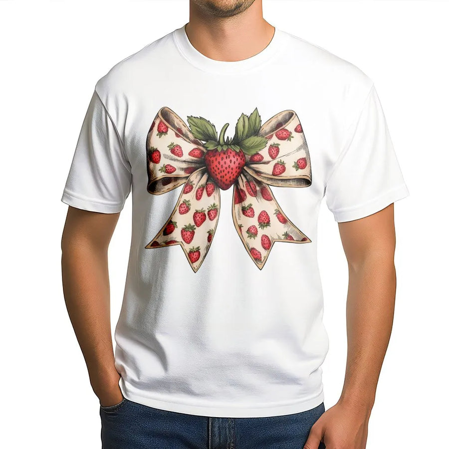 Coquette Strawberry T-Shirt | Vintage Strawberry Bow Graphic | Soft Cotton Blend Crewneck | Cute Cottagecore Gift for Her