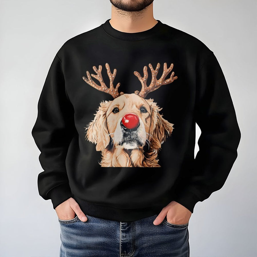 Christmas Golden Retriever Sweatshirt | Reindeer Antlers Red Nose Graphic | Soft Cotton Blend Unisex Pullover | Holiday Gift For Dog Mom