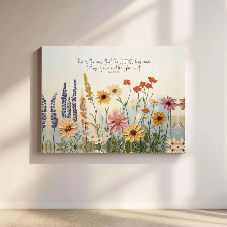 Psalm 118:24 Canvas Print | Textured Wildflower Scripture Wall Art | Premium Fade-Resistant Canvas | Inspirational Christian Home Decor Gift