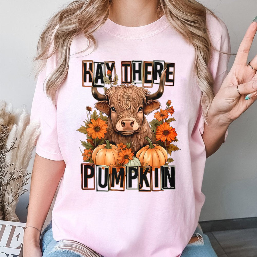 Hay There Pumpkin T-Shirt | Highland Cow Fall Graphic Tee | 100% Cotton Premium Quality | Cute Autumn Thanksgiving Gift for Women & Cow Lovers