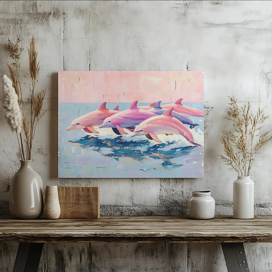 Pink Dolphin Canvas Art | Coastal Ocean Wildlife Wall Decor | Premium Gallery Wrap Print | Modern Beach House Decor for Living Room
