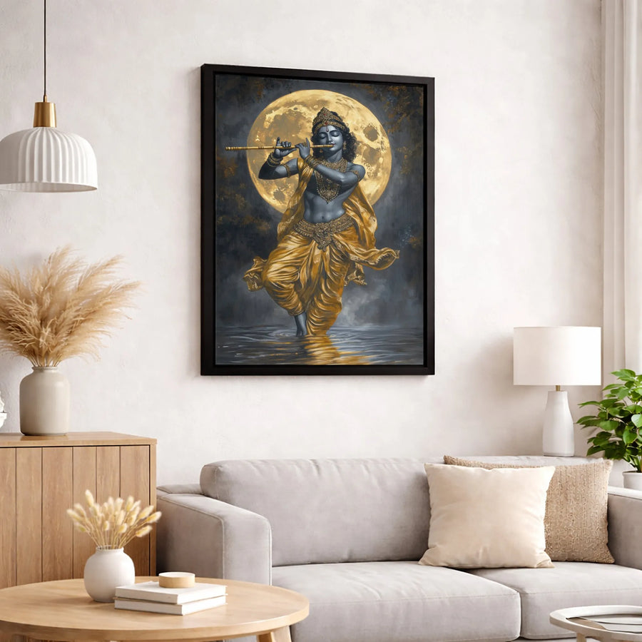 Lord Krishna Wall Art | Divine Flute Player Under Full Moon | Premium Gallery-Wrapped Canvas Print | Spiritual Home Decor Gift