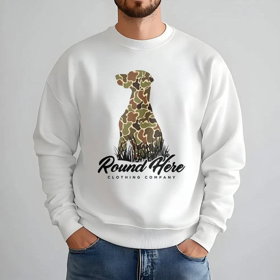 Camo Hunting Dog Sweatshirt | Retriever Silhouette Graphic | Premium Cotton | Outdoor Country Lifestyle Gift for Men