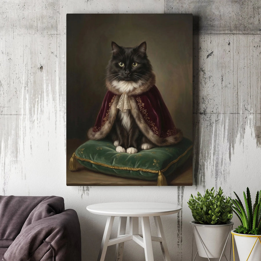 Royal Cat Portrait Vertical Canvas | Vintage Oil Painting Style Majestic Regal Cat | Premium 1.25" Gallery Wrap | Whimsical Home Wall Decor, Pet Lover Gift