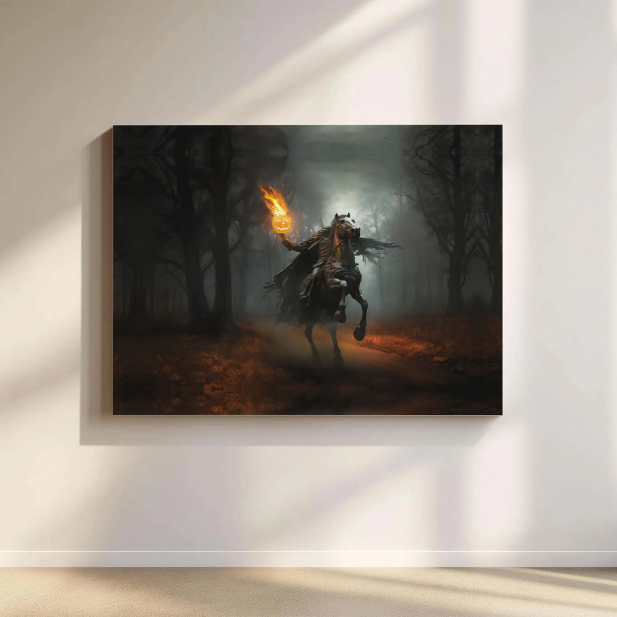 Headless Horseman Canvas Art | Gothic Flaming Pumpkin Wall Decor | Premium Fade-Resistant Gallery Wrap | Spooky Halloween Home Gift