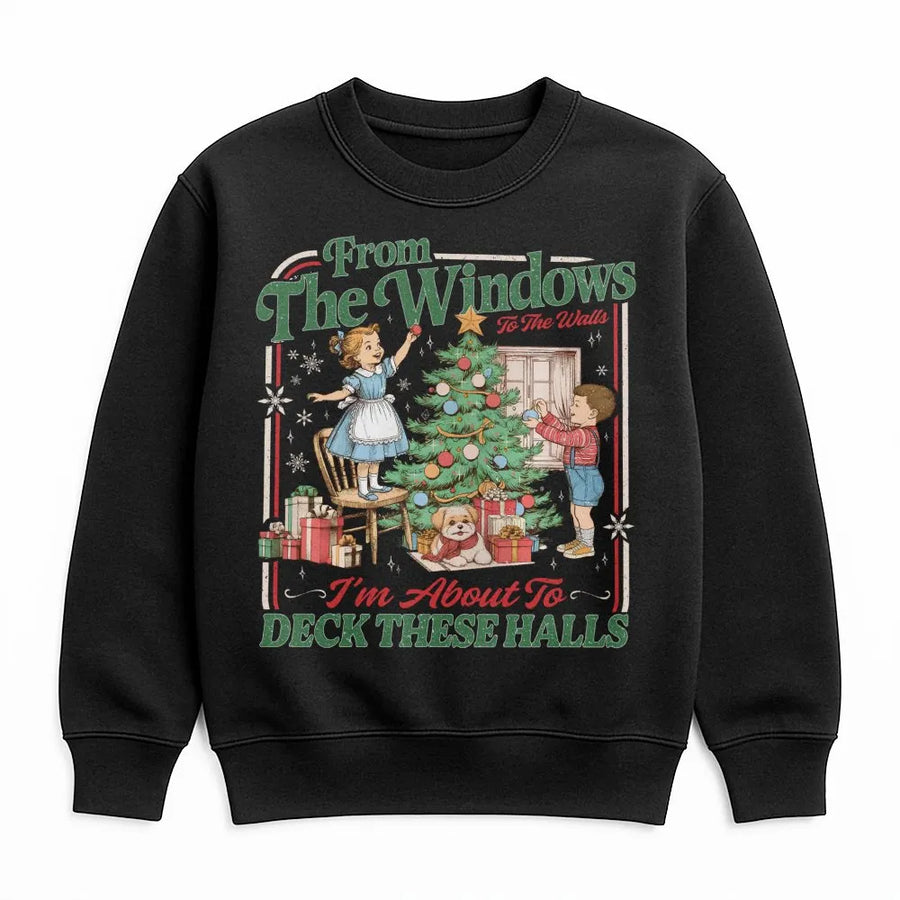 Funny Christmas Sweatshirt | Deck The Halls Retro Graphic | Premium Cotton Blend Crewneck | Unisex Holiday Party Gift For Her Or Him