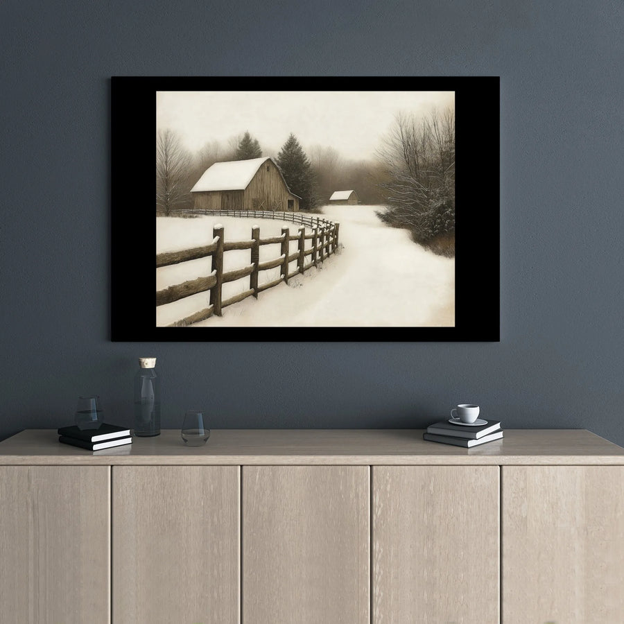 Winter Barn Canvas Art | Rustic Snow Landscape with Fence | Premium Gallery Wrapped Print | Holiday Seasonal Farmhouse Wall Decor
