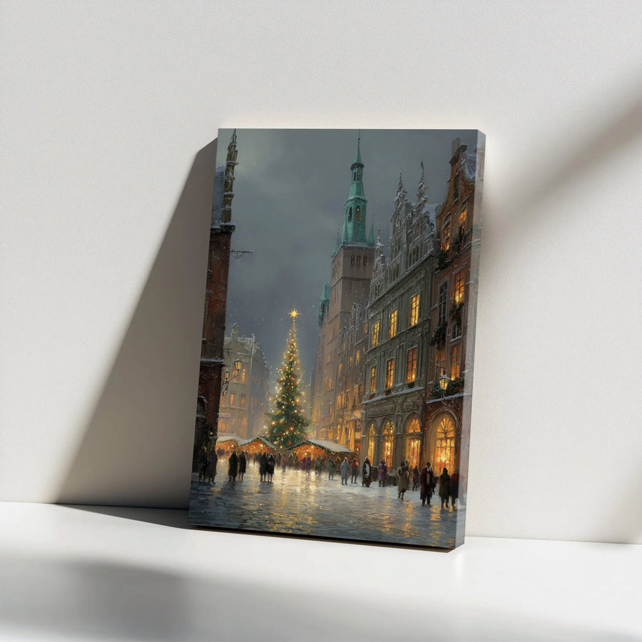 European Christmas Market Canvas | Snowy Old Town Square Wall Art | Premium Gallery Wrap Holiday Decor | Festive Winter Cityscape Gift