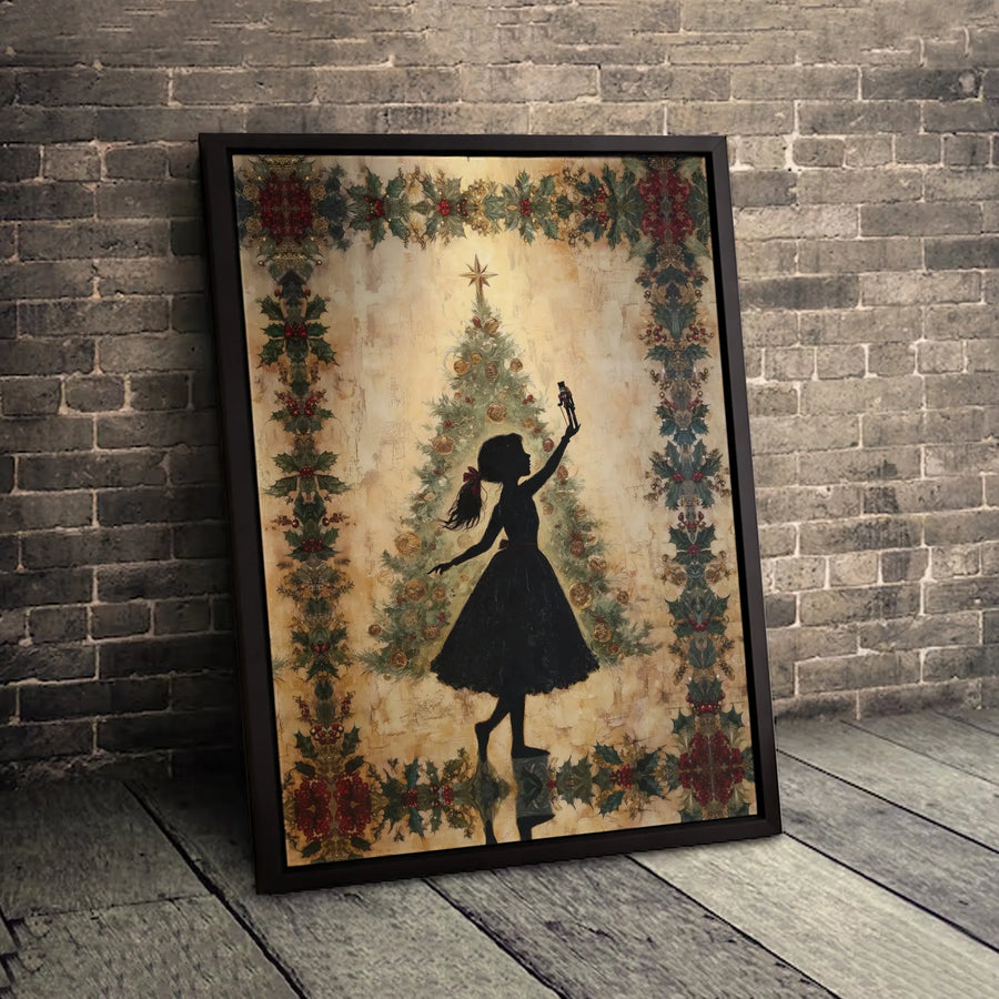 Nutcracker Christmas Wall Art | Vintage Girl Silhouette with Tree | Premium Gallery Wrapped Canvas | Holiday Home Decor Gift
