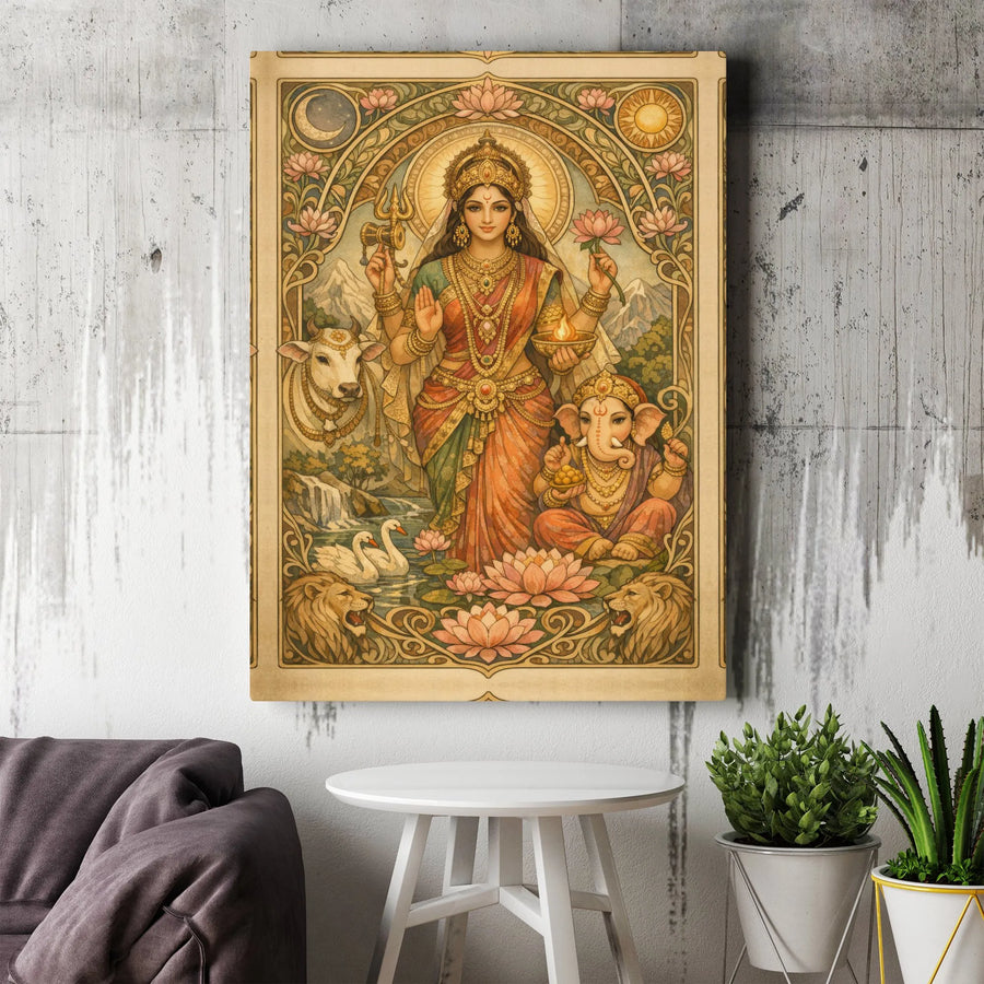 Lakshmi Ganesha Canvas Wall Art | Art Nouveau Style Hindu Gods Print | Premium Gallery Wrapped Canvas | Spiritual Gift for Meditation Room Decor