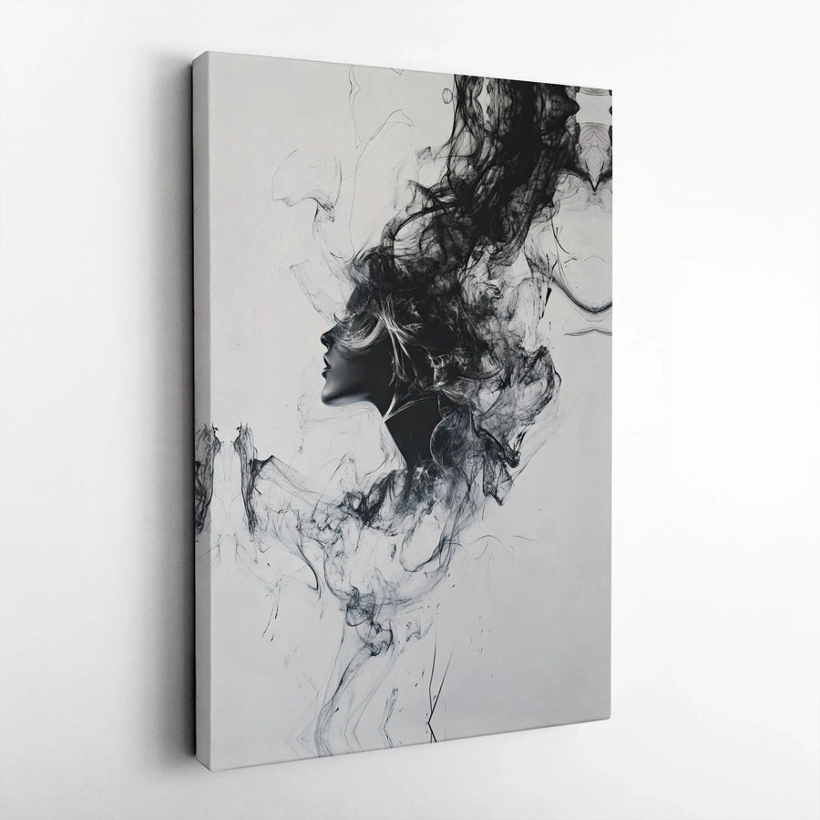 Abstract Woman Canvas Wall Art | Black and White Surreal Smoke Portrait | Premium Thick Gallery Wrap | Modern Minimalist Home Decor Gift