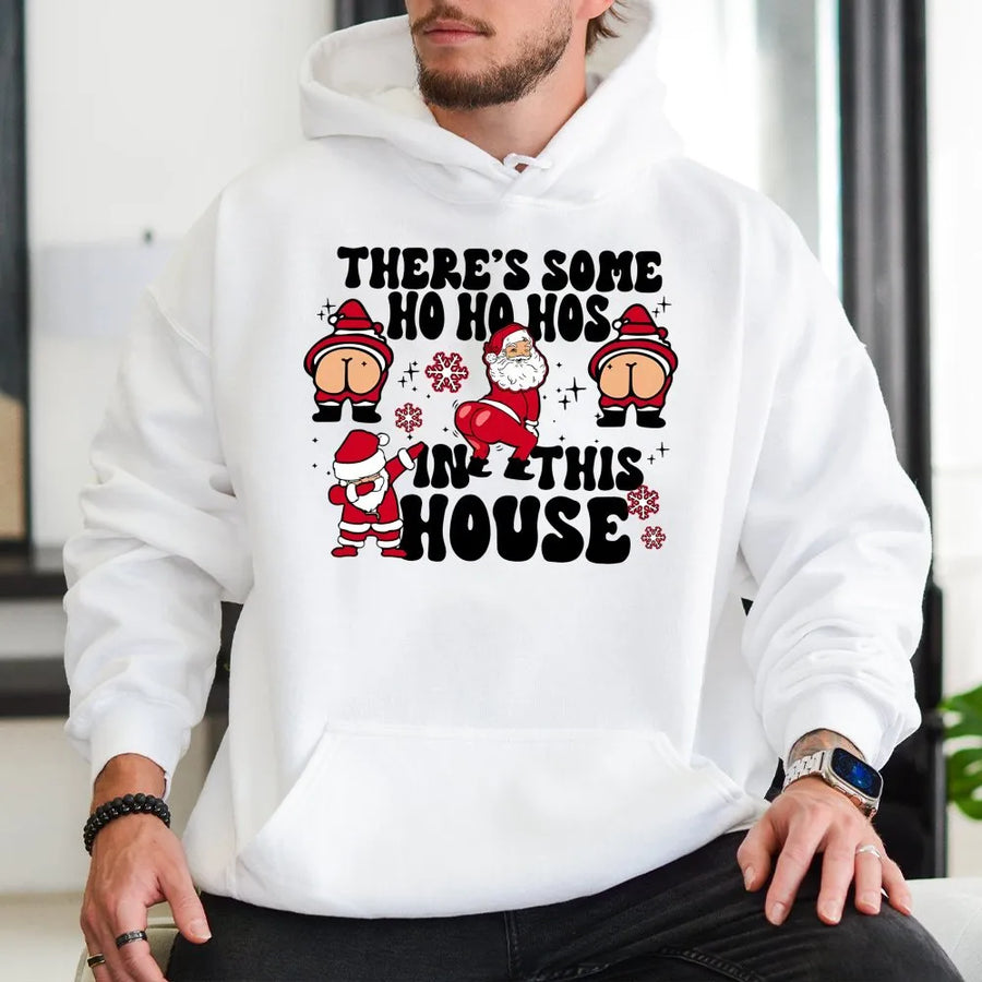 Funny Santa Hoodie | There's Some Ho Ho Hos In This House Graphic | Premium Cotton Blend | Naughty Christmas Gift For Men And Women