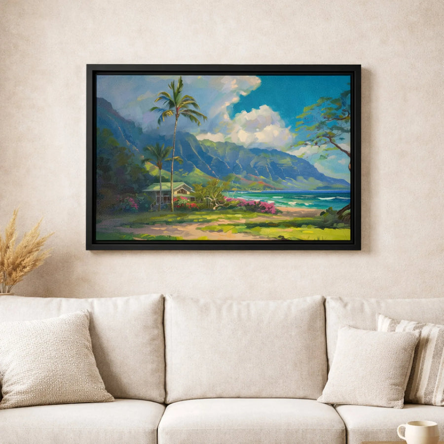 Tropical Beach House Canvas Wall Art | Hawaiian Mountains Landscape | Premium Gallery Wrapped Print | Coastal Home Decor Gift