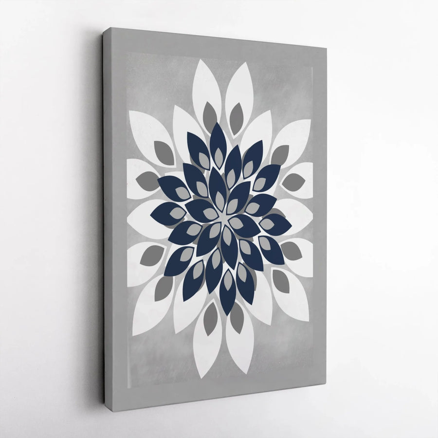 Geometric Mandala Wall Art | Modern Navy Blue Grey Floral Canvas | 1.25 Inch Gallery Wrap | Premium Home Decor Print