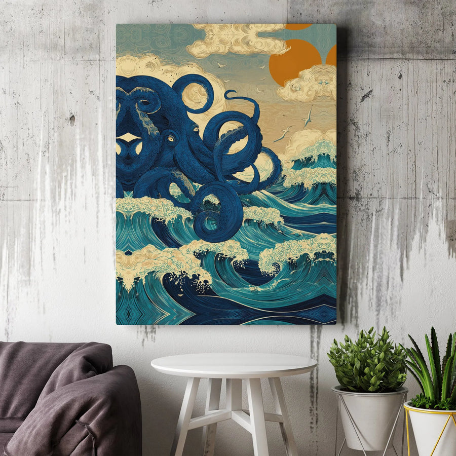 Japanese Octopus Canvas Print | Ukiyo-e Style Great Wave Wall Art | Premium Gallery Canvas | Nautical Home Decor Gift for Ocean Lovers