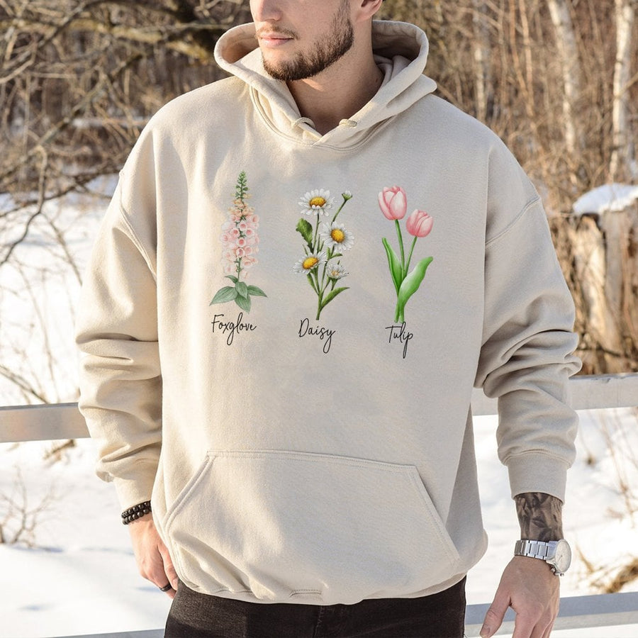 Botanical Flower Hoodie | Foxglove Daisy Tulip Floral Illustration | Premium Cotton-Poly Blend | Cozy Garden Aesthetic Gift for Nature Lovers