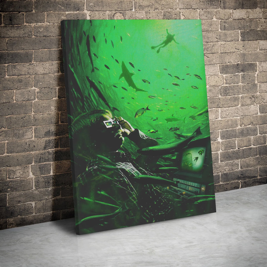 Surreal Underwater Shark Wall Art | Deep Sea Man With 3D Glasses Canvas Print | Premium Gallery Wrap Decor | Unique Office & Home Wall Decor