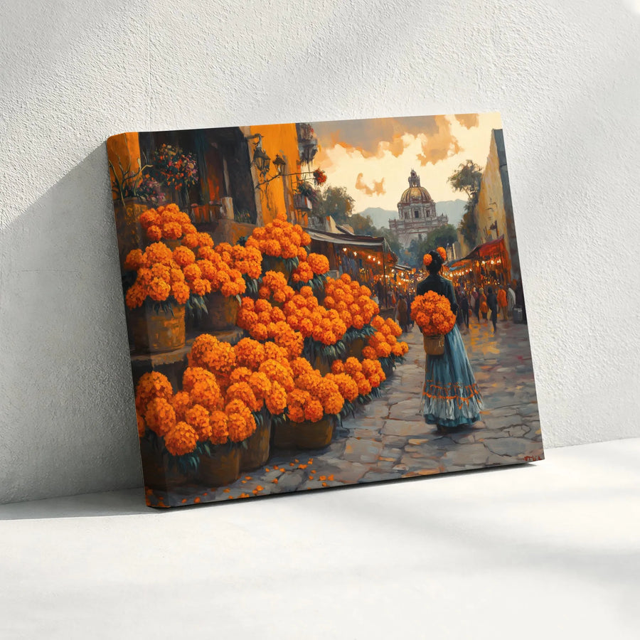 Dia De Los Muertos Canvas Art | Vibrant Marigold Market Scene | Gallery Quality Fade-Resistant Print | Mexican Cultural Wall Decor Gift